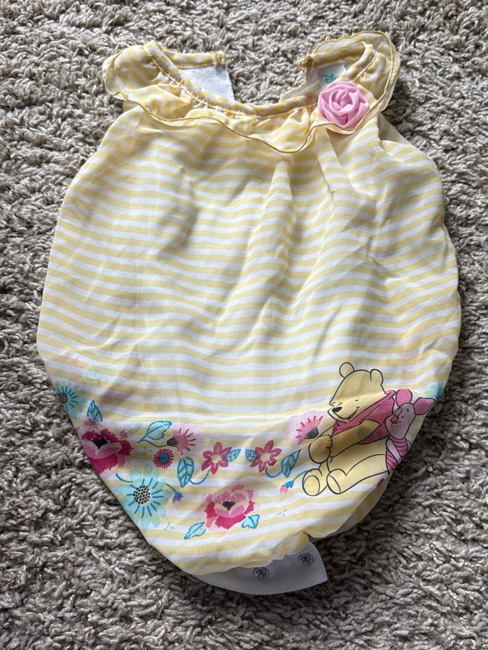 Disney Yellow Striped Winnie the Pooh Floral Baby Romper with Pink Flower Accent